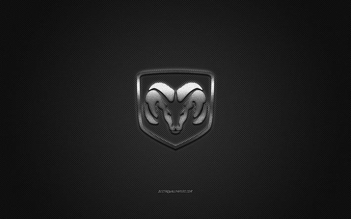 Logo Dodge, logo argento, sfondo grigio in fibra di carbonio, emblema in metallo Dodge, Dodge, marchi di auto, arte creativa