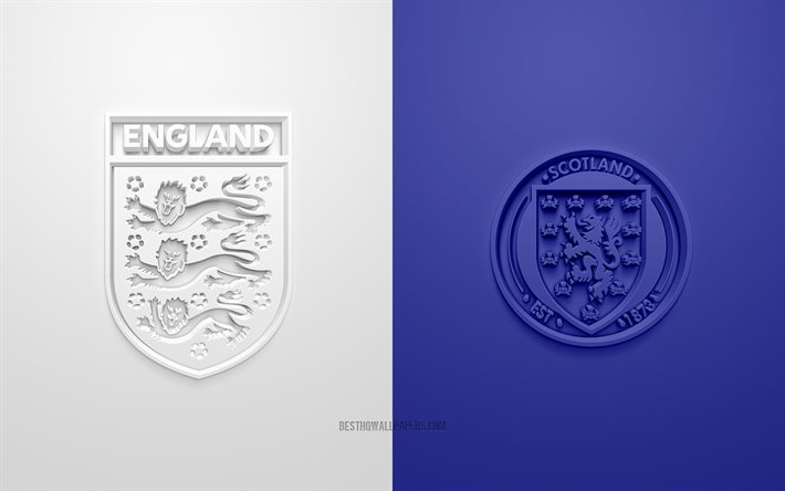 England vs Scotland, UEFA Euro 2020, Group D, 3D logos, blue white background, Euro 2020, football match, England national football team, Scotland national football team