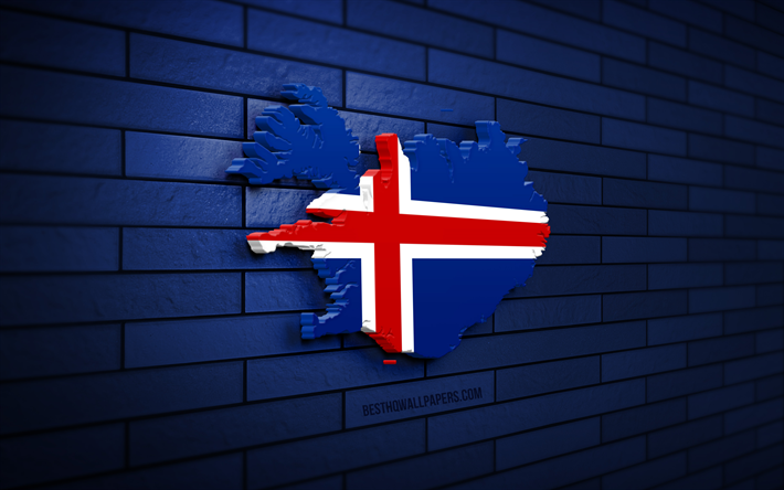 アイスランドの地図, 4k, 青いレンガの壁, ヨーロッパ諸国, アイスランドの地図のシルエット, アイスランドの旗, ヨーロッパ, アイスランド, デンマークの3dマップ