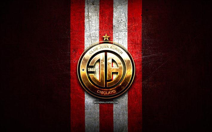 Juan Aurich FC, golden logo, Liga 1 Apertura, red metal background, football, peruvian football club, Club Juan Aurich logo, soccer, Club Juan Aurich