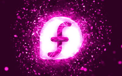logo violet fedora, 4k, n&#233;ons violets, cr&#233;atif, abstrait violet, logo fedora, linux, fedora