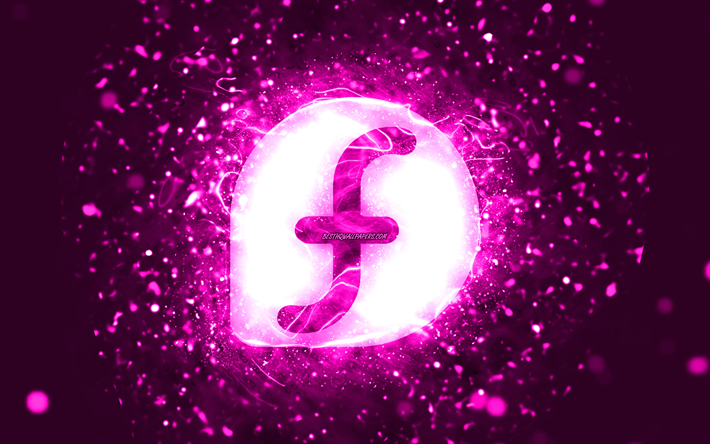 Fedora purple logo, 4k, purple neon lights, creative, purple abstract background, Fedora logo, Linux, Fedora