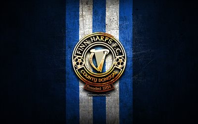Finn Harps FC, golden logo, League of Ireland Premier Division, blue metal background, football, irish football club, Finn Harps FC logo, soccer, FC Finn Harps