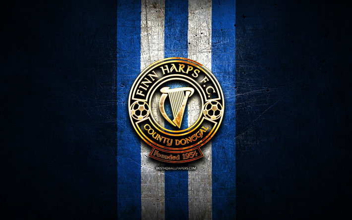 フィン・ハープスfc, 金色のロゴ, リーグオブアイルランドプレミアディビジョン, 青い金属の背景, フットボール, アイルランドのサッカークラブ, フィン・ハープスfcのロゴ, サッカー, fcフィン・ハープス