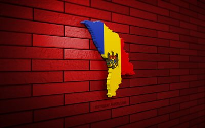 Moldova map, 4k, red brickwall, European countries, Moldova map silhouette, Moldova flag, Europe, Moldovan map, Moldovan flag, Moldova, flag of Moldova, Moldovan 3D map