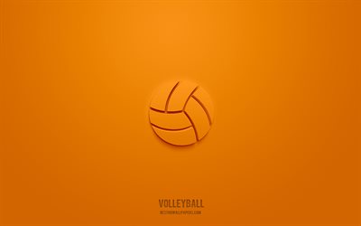 icono de voleibol 3d, fondo naranja, s&#237;mbolos 3d, voleibol, iconos deportivos, iconos 3d, signo de voleibol, iconos deportivos 3d