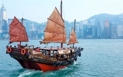 Hong Kong, Barco, barco de vela, el Puerto Victoria, Kowloon, China