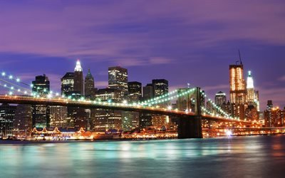 New York, skyscrapers, nightscape, bridge, USA, America