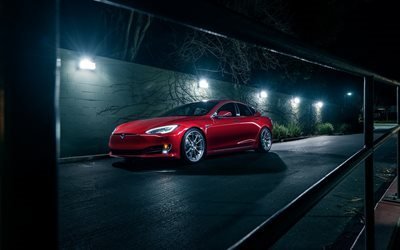 Tesla Model S, Red sedan, electric car, tuning Tesla, Avant Garde Wheels, P100D, Tesla