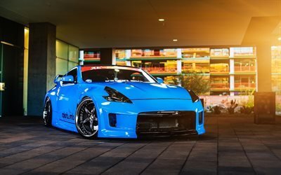 Nissan 370Z, low rider, tuning, japanese cars, blue 370z, stance, Nissan