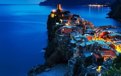 Cinque Terre, puesta de sol, mar, Italia, Vernazza, monta&#241;as