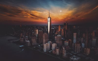 Nueva York, World Trade Center 1, puesta de sol, metropolis, rascacielos, estados UNIDOS
