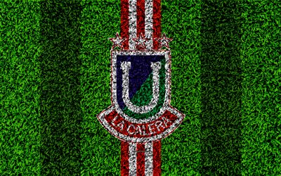 CD Union La Calera, 4k, logo, grass texture, Chilean football club, football lawn, red white lines, emblem, La Calera, Chile, Chilean Primera Division, football