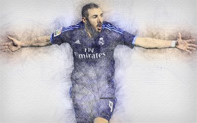 Karim Benzema, 4k, artwork, football stars, Galacticos, Real Madrid, La Liga, Benzema, soccer, footballers, drawing