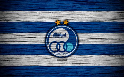 4k, Esteghlal FC, logo, Persian Gulf Pro League, soccer, Iranian football club, Iran, Esteghlal, football, wooden texture, FC Esteghlal