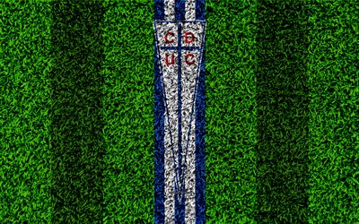 CD Universidad Catolica, 4k, logo, grass texture, Club Deportivo, Chilean football club, football lawn, blue white lines, emblem, Santiago, Chile, Chilean Primera Division, football