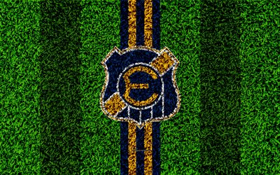 CD Everton, 4k, logo, grass texture, Chilean football club, football lawn, blue yellow lines, emblem, Vina del Mar, Chile, Chilean Primera Division, football