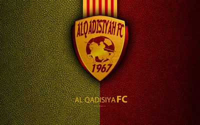 Al Qadisiyah FC, 4K, Ar&#225;bia Futebol Clube, textura de couro, logo, amarelo com linhas vermelhas, Ar&#225;bia Liga Profissional, Khubar, A Ar&#225;bia Saudita, Al-Qadsiah, futebol