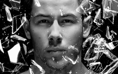 Nick Jonas, 4k, monocrom&#225;tico, retrato, o ator americano, estrelas de cinema, caras
