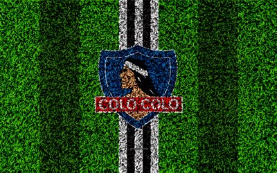 Colo Colo FC, 4k, logo, grass texture, Chilean football club, football lawn, blue white lines, emblem, Santiago, Chile, Chilean Primera Division, football, Club Social y Deportivo Colo-Colo
