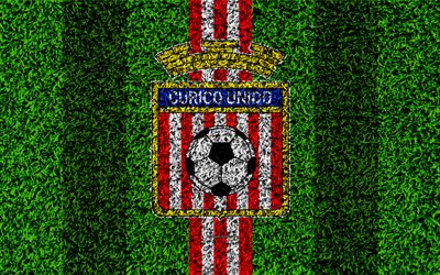 CD Curico Unido, 4k, logo, grass texture, Chilean football club, football lawn, red white lines, emblem, Curico, Chile, Chilean Primera Division, football