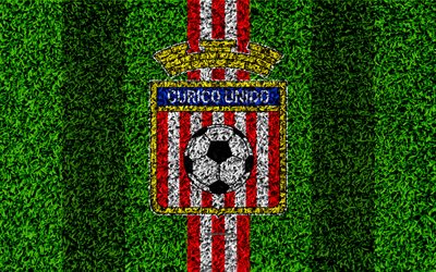 cd-curic&#243; unido, 4k -, logo -, gras-textur, chilenischer fu&#223;ballverein, fu&#223;ball-rasen, rot mit wei&#223;en linien, emblem, curic&#243;, chile, chilenische primera division, fu&#223;ball