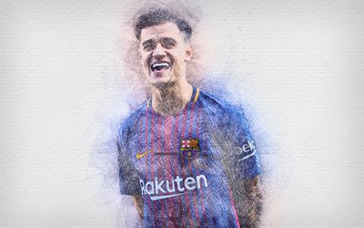 Philippe Coutinho, 4k, des illustrations, des stars du football, Barcelone, Coutinho, le football, La Liga, le Bar&#231;a, les joueurs de football, dessin Coutinho, le FC Barcelone