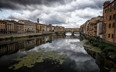 Ponte Vecchio, Florence, river Arno, stone bridge, Italy, cloudy weather