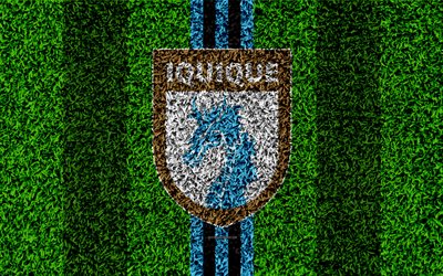 Club de Deportes Iquique, 4k, logo, grass texture, Chilean football club, football lawn, blue white lines, emblem, Iquique, Chile, Chilean Primera Division, football, Deportes Iquique FC