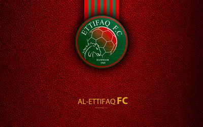 Al-Ettifaq FC, 4K, Saudi Football Club, leather texture, logo, green red lines, Saudi Professional League, Ed Dammam, Saudi Arabia, football