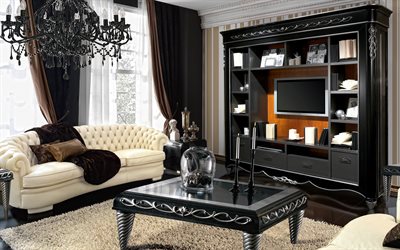 en blanco y negro interior de estilo cl&#225;sico, moderno, interior de estilo de dise&#241;o, proyecto, sala de estar, negro de los muebles cl&#225;sicos, lujosa sala de estar