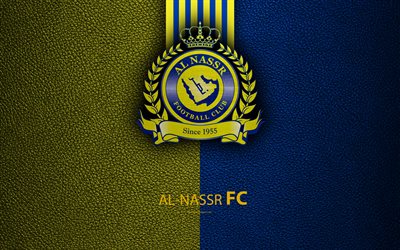 Al-Nassr FC, 4K, サウジフットボールクラブ, 革の質感, ロゴ, 黄色ブルーライン, サウジプロリーグ, リヤド, サウジアラビア, サッカー