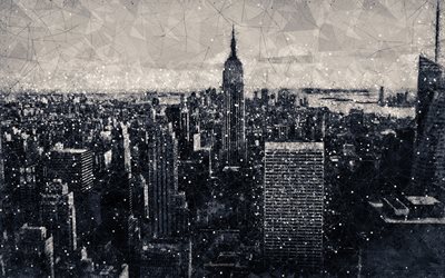 Nova York, EUA, criativo arte geom&#233;trica, paisagem urbana, estilo retro, metr&#243;pole, Empire State Building, arranha-c&#233;us, 4k