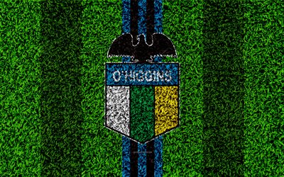 OHiggins FC, 4k, logo, grass texture, Chilean football club, football lawn, blue white lines, emblem, Rancagua, Chile, Chilean Primera Division, football