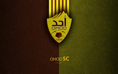 Ohod Club, 4K, Saudi Football Club, leather texture, logo, yellow-brown lines, Saudi Professional League, Medina, Saudi Arabia, football, Ohod FC