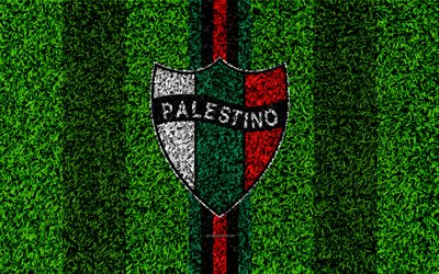 CD Palestino, 4k, logo, grass texture, Chilean football club, football lawn, green black lines, emblem, Santiago, Chile, Chilean Primera Division, football, Club Deportivo Palestino