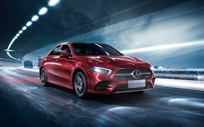 Mercedes-Benz A-class L Sport Sedan, 4k, road, 2018 cars, A-class sedan, motion blur, Mercedes
