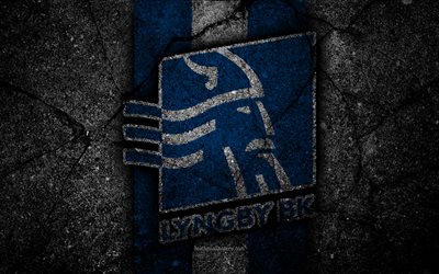 FC Lyngby, 4k, logo, Danish Superliga, soccer, black stone, Denmark, Lyngby, football, asphalt texture, football club, Lyngby FC