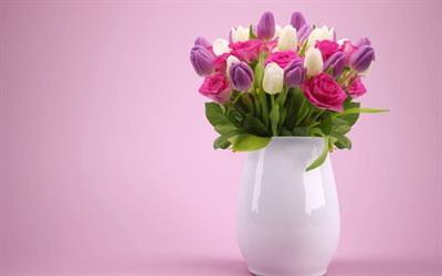 彩り豊かな春の花束, 花瓶, 紫色のチューリップ, ピンク色のバラ, チューリップ白