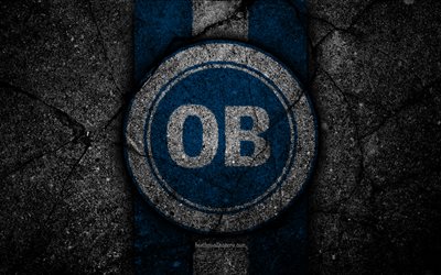 FC Odense, 4k, logo, Danimarka Ilk, futbol, siyah taş, Danimarka, Odense, asfalt dokular, Futbol Kul&#252;b&#252;, Odense FC
