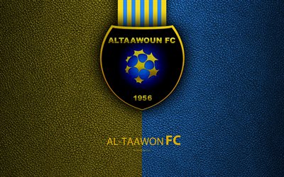 Al-Taawoun FC, 4K, Saudi Football Club, leather texture, logo, yellow-blue lines, Saudi Professional League, Buraydah, Saudi Arabia, football, Al-Taawon FC