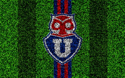 Club Universidad de Chile, 4k, logo, grass texture, Chilean football club, football lawn, blue red lines, emblem, Santiago, Chile, Chilean Primera Division, football