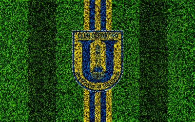 CD Universidad de Concepcion, 4k, logo, grass texture, Chilean football club, football lawn, blue yellow lines, emblem, Concepcion, Chile, Chilean Primera Division, football