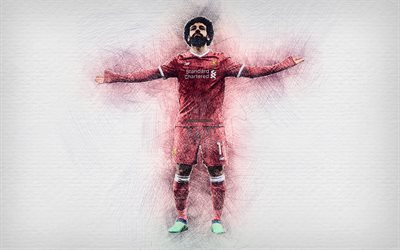 Mohamed Salah, 4k, obras de arte, estrelas do futebol, Liverpool, Errado, futebol, Premier League, jogadores de futebol, desenho de Salah, Liverpool FC