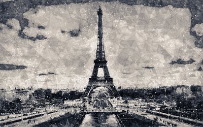 Paris, Tour Eiffel, 4K, cr&#233;atif g&#233;om&#233;trique paysage urbain, art, style r&#233;tro, en France, les curiosit&#233;s, les monuments parisiens