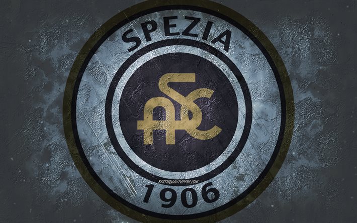 Spezia Calcio, Italian jalkapallojoukkue, harmaa tausta, Spezia Calcio -logo, grunge-taide, Serie A, jalkapallo, Italia, Spezia Calcio -tunnus