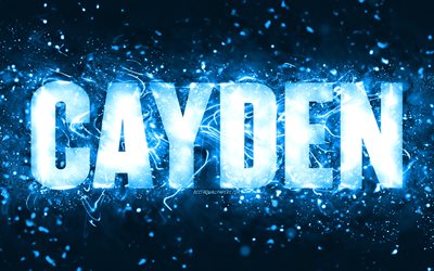 Buon compleanno Cayden, 4k, luci al neon blu, nome Cayden, creativo, Cayden Buon compleanno, Compleanno cayden, nomi maschili americani popolari, immagine con nome Cayden, Cayden