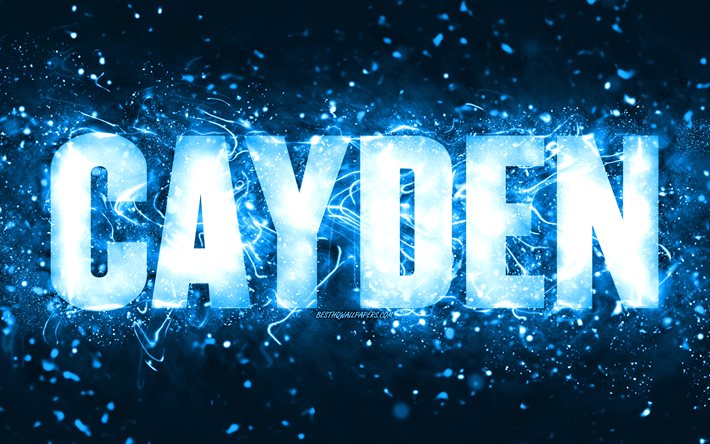 Joyeux anniversaire Cayden, 4k, n&#233;ons bleus, nom Cayden, cr&#233;atif, Cayden Joyeux anniversaire, Anniversaire Cayden, noms masculins am&#233;ricains populaires, image avec le nom de Cayden, Cayden