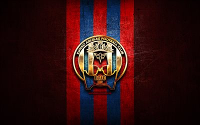 Davao Aguilas FC, golden logo, Categoria Primera A, red metal background, football, colombian football club, Davao Aguilas logo, soccer, Davao Aguilas