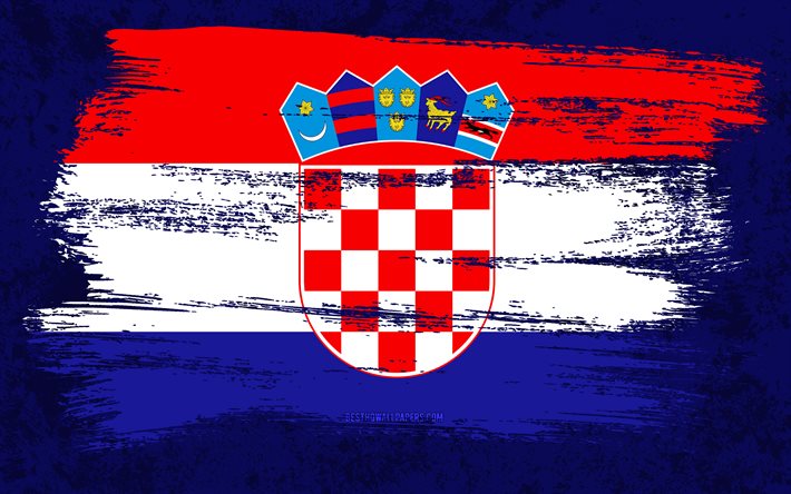 4k, クロアチアの旗, グランジフラグ, ヨーロッパ諸国, 国のシンボル, ブラシストローク, クロアチア国旗, グランジアート, ヨーロッパ, クロアチア